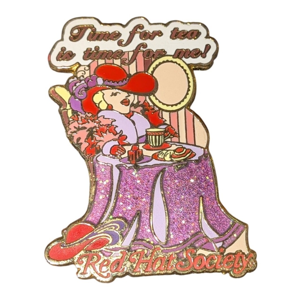 Red Hat Society Time For Tea Is Time For Me Enamel Glitter Pin 2003 Gold Tone